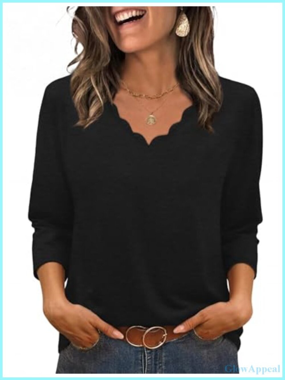 Womens 3/4 Sleeve Scalloped V-Neck Blouse Loose Fit Tunic Top